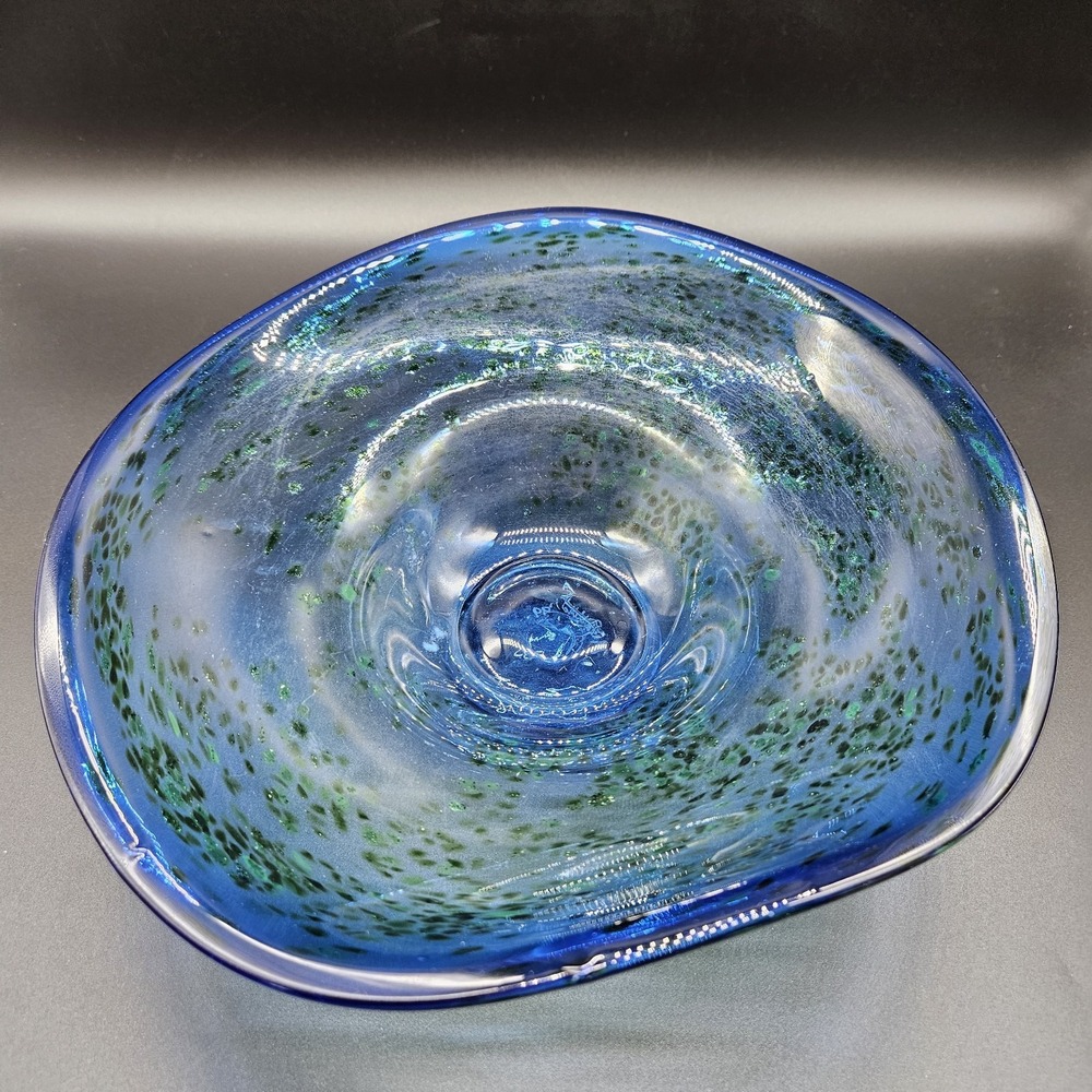 VTG Hand Blown Cobalt Blue Green Confetti Glass Bowl Ruffle Signed 11" Diameter
